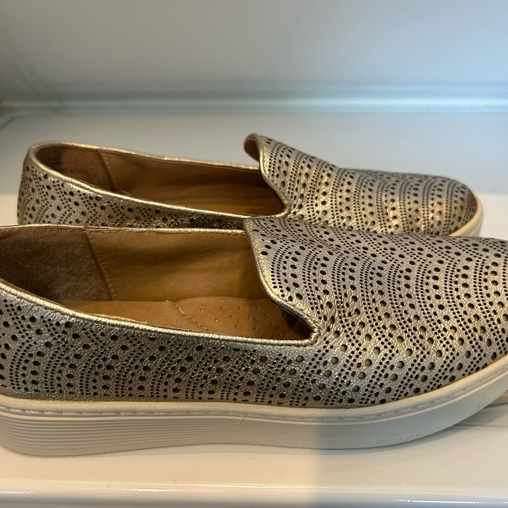 Sofft Metallic Perforated Slip-On Mules in Gold and White